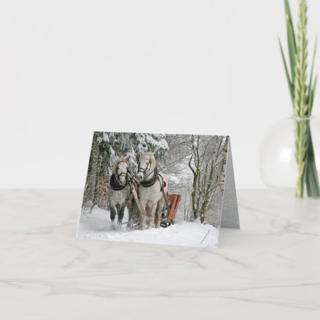 Two Horse Drawn Open Sleigh on Snowy Path in Woods Holiday Card (Front)