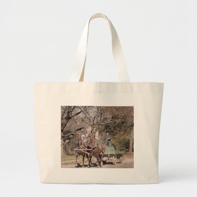 Two Horse Team and Wagon Large Tote Bag (Front)