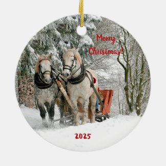 Two Horses and Sleigh in the Snow Ceramic Ornament