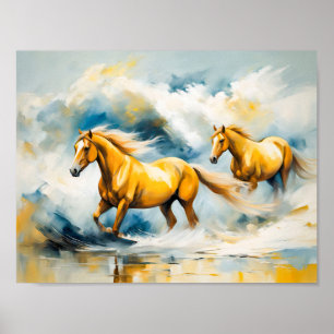 Two Horses Galloping Through Shallow Water Poster