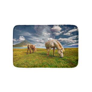Two Horses Grazing in Pasture Bath Mat
