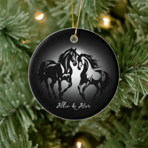 Two horses in love black white horse lover couple ceramic ornament