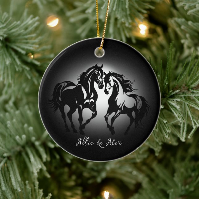Two horses in love black white horse lover couple ceramic ornament (Tree)