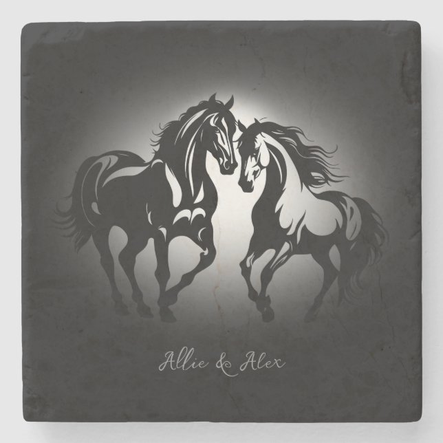 Two horses in love black white horse lover couple stone coaster (Front)