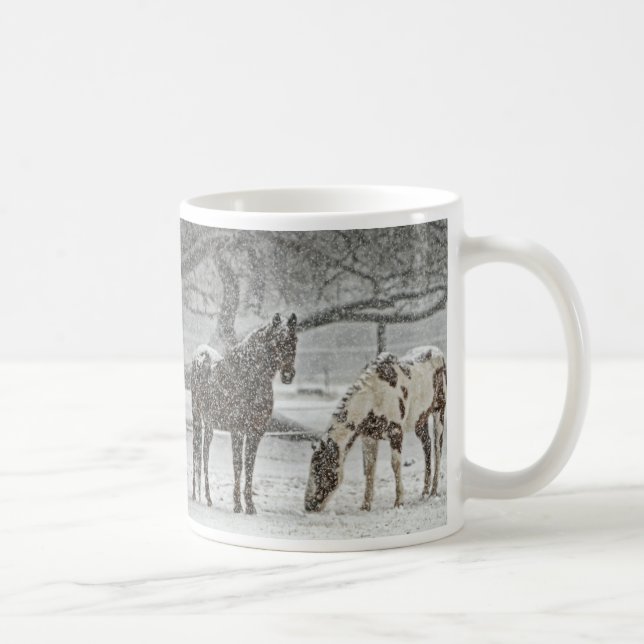 Two Horses in Snowy Pasture in Gentle Snowfall Coffee Mug (Right)