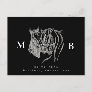 Two Horses Monogram Black Wedding Save the Date  Postcard