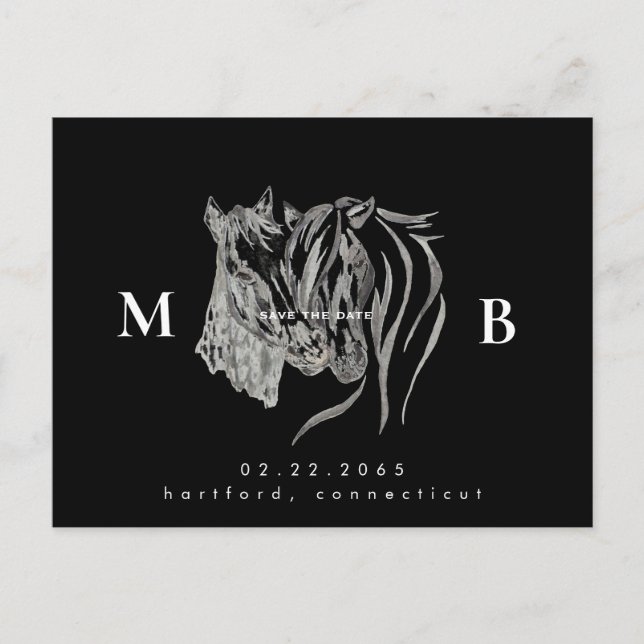 Two Horses Monogram Black Wedding Save the Date  Postcard (Front)