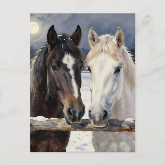 Two Horses on a Snowy Farm | Keeping in Touch Postcard (Front)
