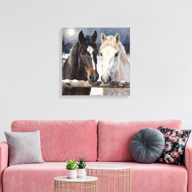 Two Horses on a Snowy Farm Under the Moon Canvas Print (Insitu(LivingRoom))