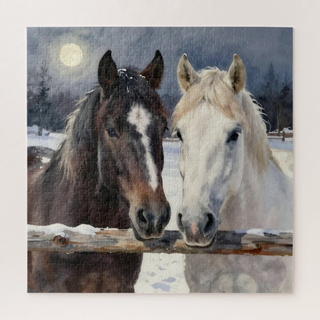 Two Horses on a Snowy Farm Under the Moon Jigsaw Puzzle (Vertical)