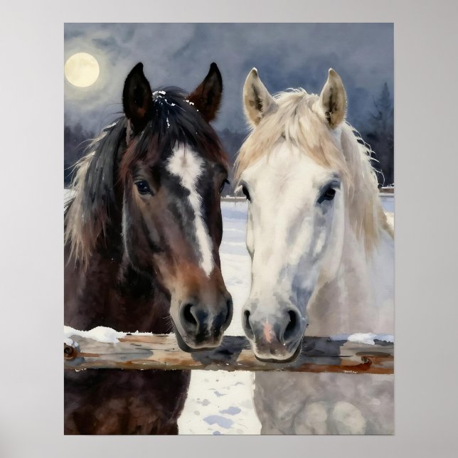 Two Horses on a Snowy Farm Under the Moon Poster (Front)