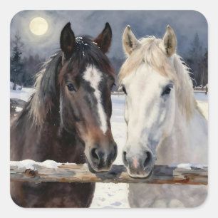 Two Horses on a Snowy Farm under the Moonlight  Square Sticker