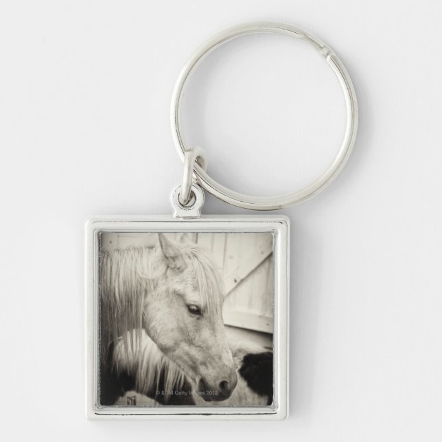 two horses outside a stable- black and white keychain (Front)