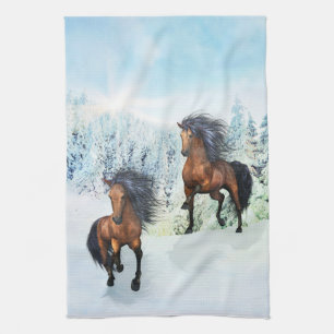 Two Horses Snowy Scene Kitchen Towel