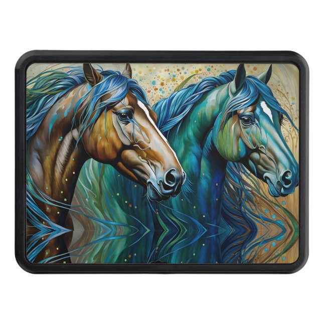 Two Horses Teal blue green brown Trailer Hitch Cover (Front)