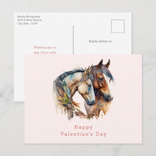 Two Horses with Feather Décor Valentine's Day Holiday Postcard (Front/Back)