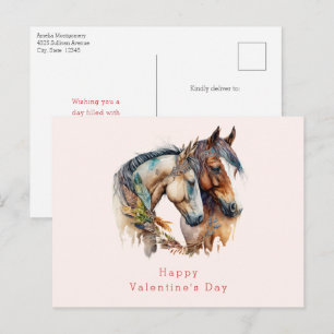 Two Horses with Feather Décor Valentine's Day Holiday Postcard