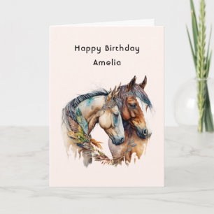 Two Horses with Feather Decorations Boho Birthday Card