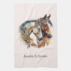 Two Horses with Feather Decorations Boho Kitchen Towel
