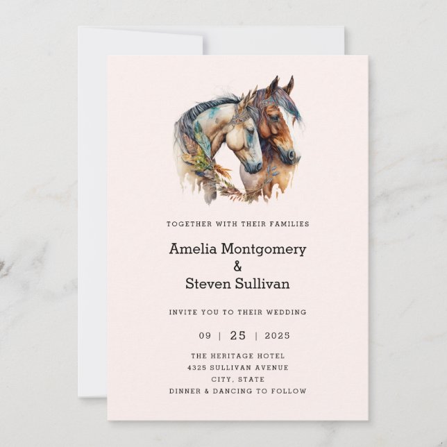 Two Horses with Feather Decorations Boho Wedding Invitation (Front)