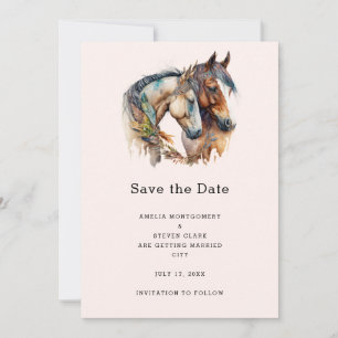 Two Horses with Feather Decorations Boho Wedding Save The Date