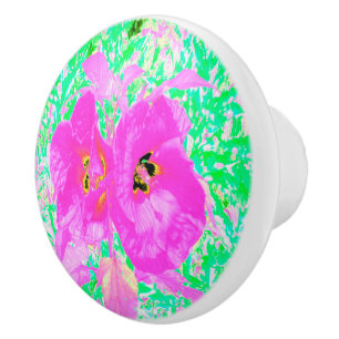 Two Hot Pink Plum Crazy Hibiscus on Lime Green Ceramic Knob