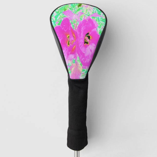 Two Hot Pink Plum Crazy Hibiscus on Lime Green Golf Head Cover (Front)
