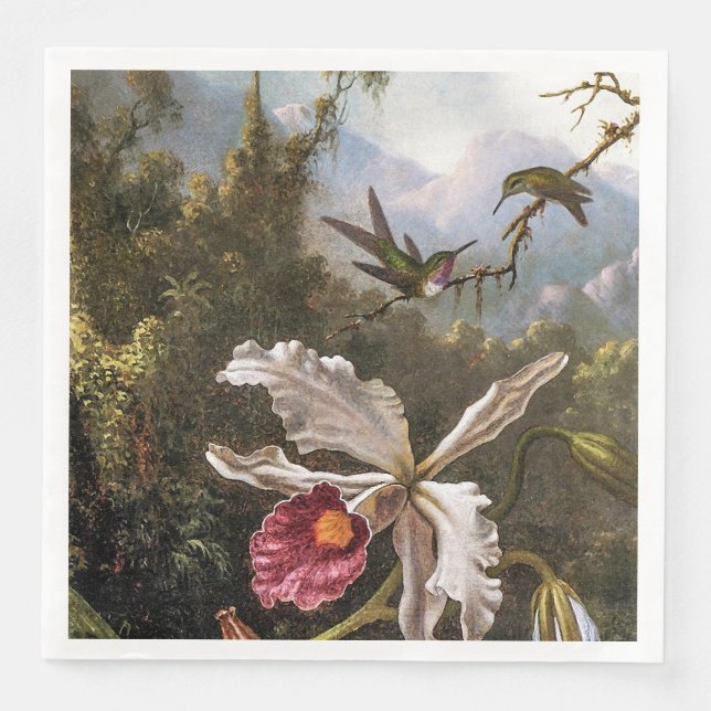 Two Hummingbirds above a White Orchid Napkin (Front)