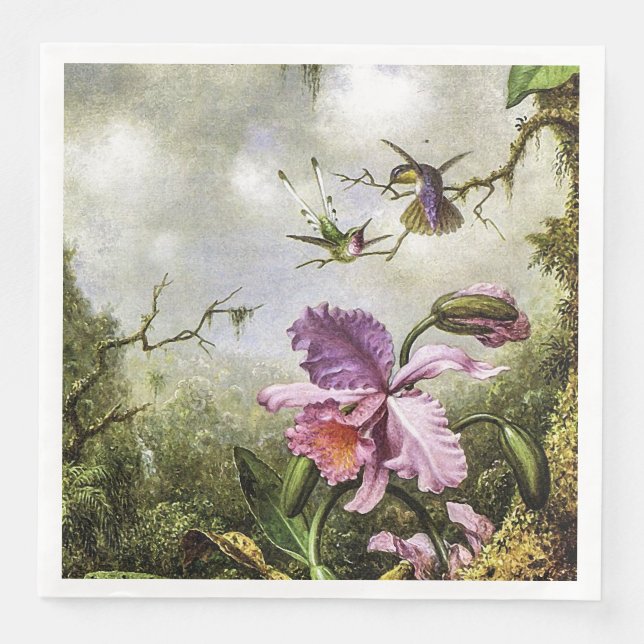 Two Hummingbirds and a Pink Orchid  Napkin (Front)