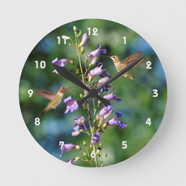Two Hummingbirds In Flight With Flowers Wall Clock (Front)