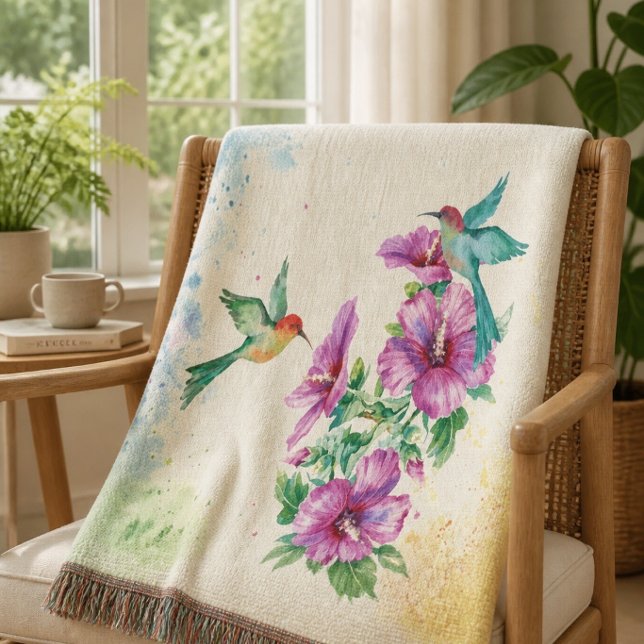 Two Hummingbirds Watercolor Throw Blanket (Creator Uploaded)