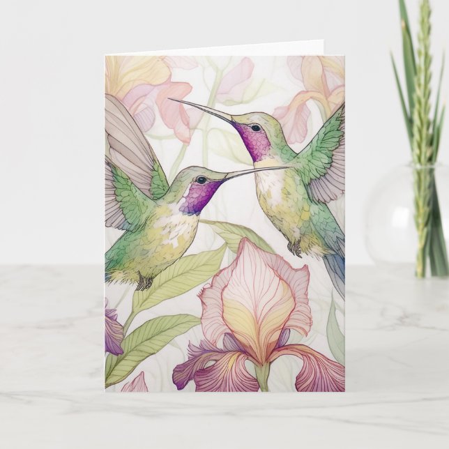 Two hummingbirds with a peach Iris  Thank You Card (Front)