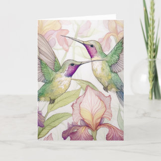 Two hummingbirds with a peach Iris  Thank You Card