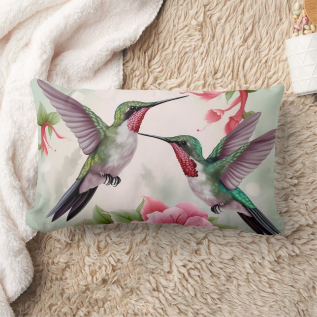 Two Hummingbirds with Pink Hibiscus Flower Lumbar Pillow (Blanket)