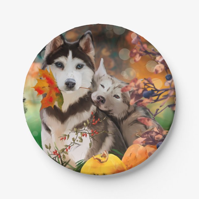 Two husky dogs, a garden cart and pumpkins	 paper plate (Front)