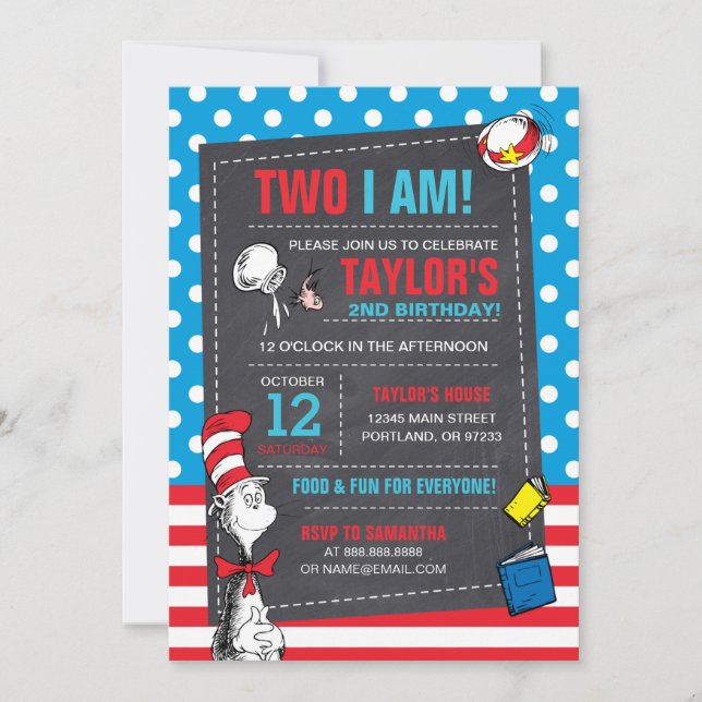 Two I Am | Cat in the Hat Chalkboard Birthday Invitation (Front)