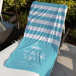 Two if By Sea Personalized Wedding Beach Towel<br><div class="desc">A perfect addition to your wedding welcome bags,  or a sweet personalized honeymoon gift,  this nautical aqua and white striped beach towel features "two less fish in the sea" in white brush lettering with two kissing fish. Personalize with the couple's names,  wedding date and location.</div>