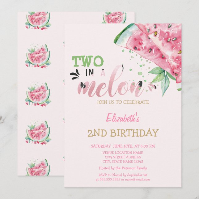 Two In A Melon Watermelons Pink 2nd Birthday   Invitation (Front/Back)