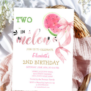Two In A Melon Watermelons Pink Bow 2nd Birthday  Invitation