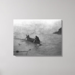 Two Indians Fishing on Lake Quinault on Canoe Canvas Print
