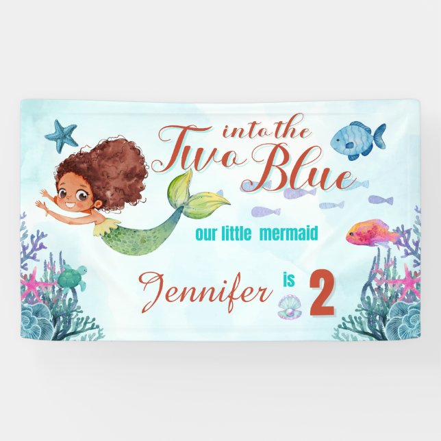 Two into the Blue Brown Mermaid Girls 2nd birthday Banner (Horizontal)