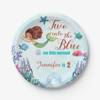 Two into the Blue Brown Mermaid Girls 2nd birthday Paper Plate