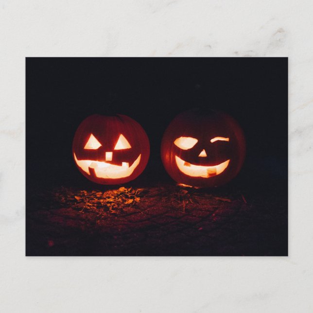 Two Jack-o'-Lanterns on Halloween Postcard (Front)