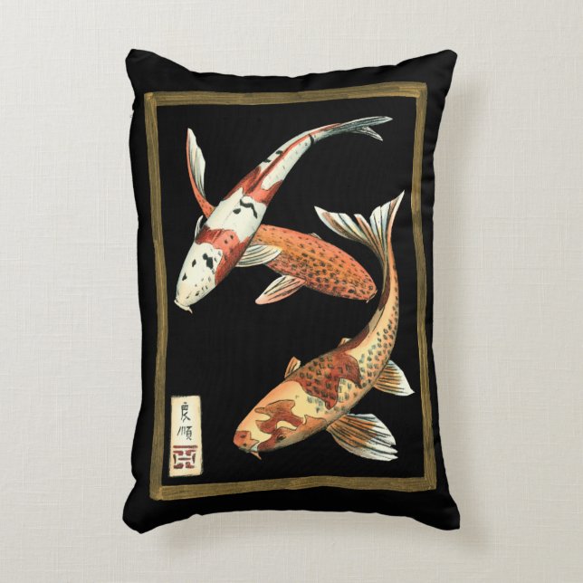 Two Japanese Koi Goldfish on Black Background Accent Pillow (Front(Vertical))