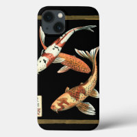 Two Japanese Koi Goldfish on Black Background