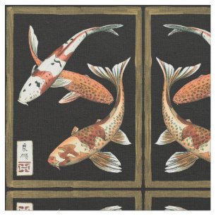 Two Japanese Koi Goldfish on Black Background Fabric