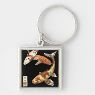Two Japanese Koi Goldfish on Black Background Keychain