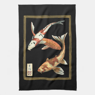Two Japanese Koi Goldfish on Black Background Kitchen Towel