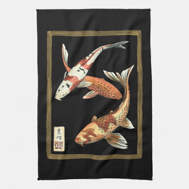 Two Japanese Koi Goldfish on Black Background Kitchen Towel (Vertical)