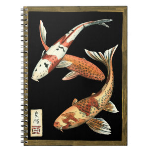 Two Japanese Koi Goldfish on Black Background Notebook